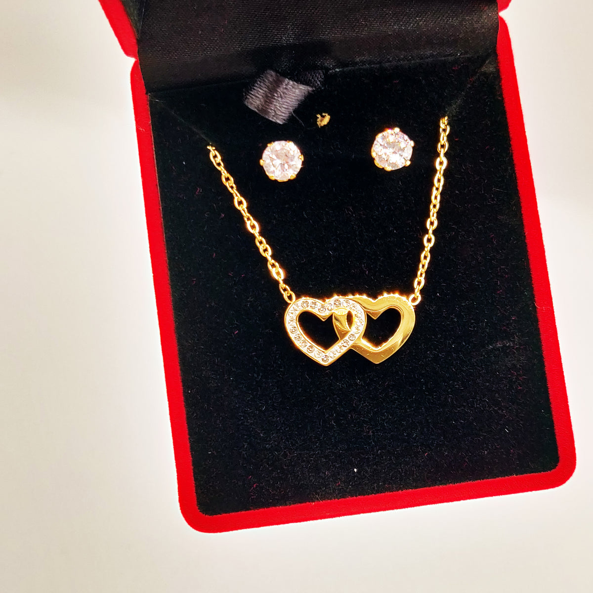 Coffret Collier et Boucles d'oreilles Double Coeurs Croisés