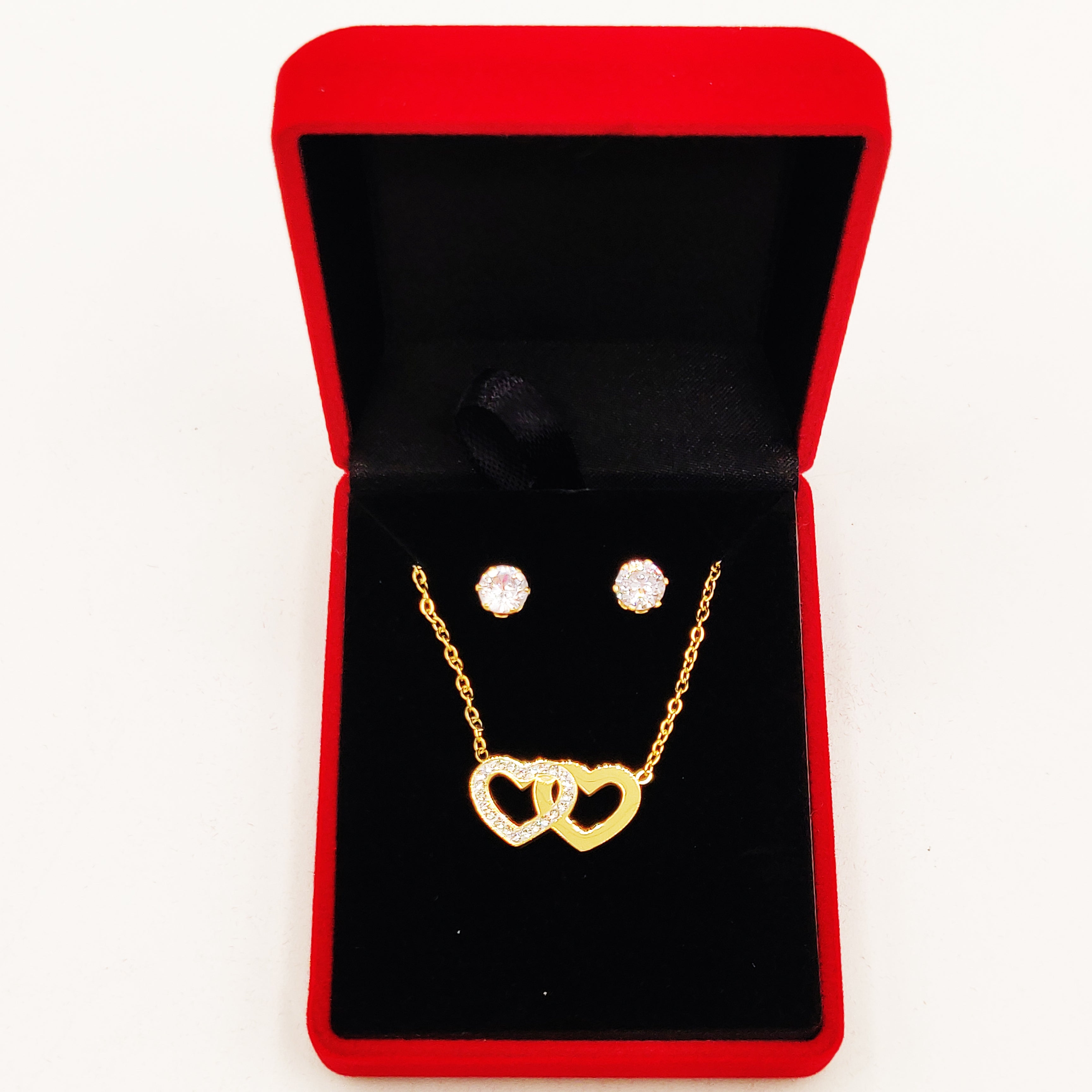 Coffret Collier et Boucles d'oreilles Double Coeurs Croisés