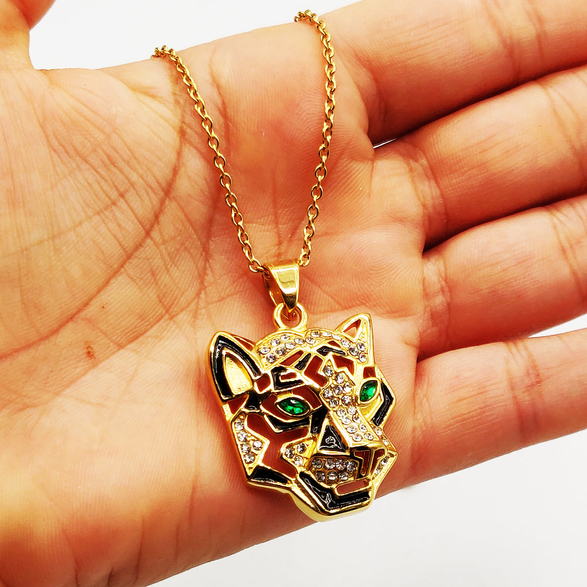 Collier Tête de Jaguar Yeux Verts Luxe