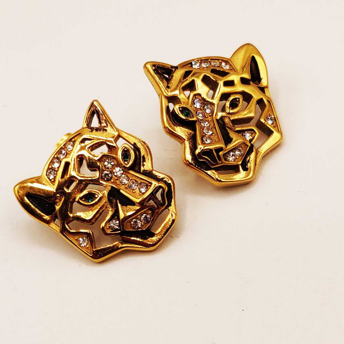 Boucles d'oreilles Tête de Jaguar Yeux Verts Luxe