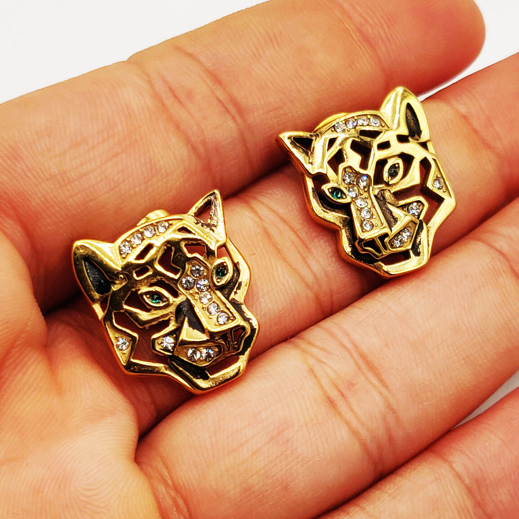 Boucles d'oreilles Tête de Jaguar Yeux Verts Luxe