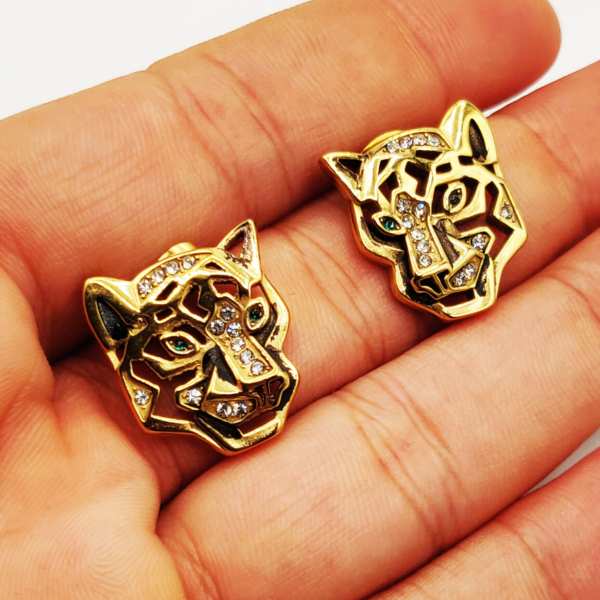 Boucles d'oreilles Tête de Jaguar Yeux Verts Luxe
