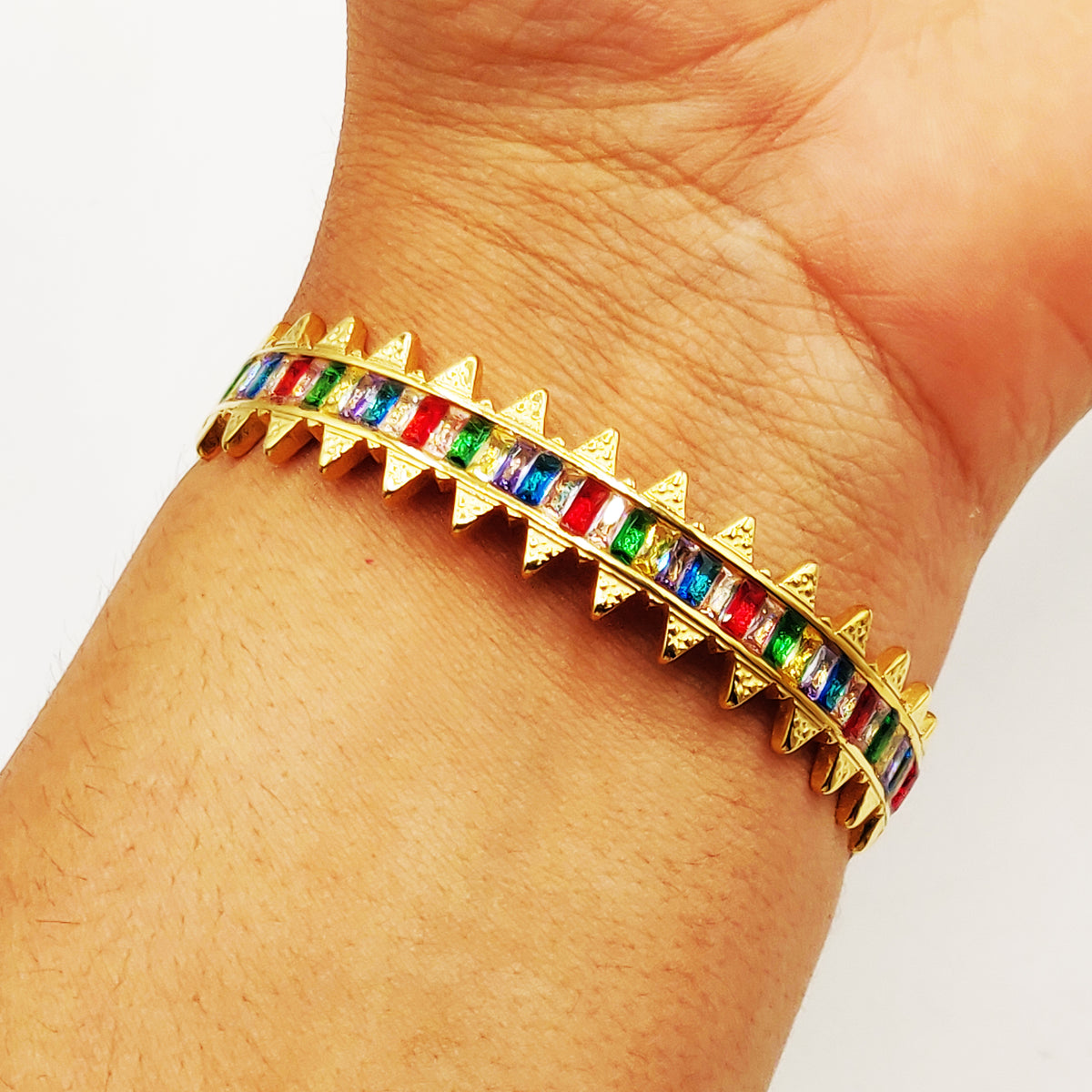 Bracelet Rigide Pointes Cristaux Rectangles Multicolores Luxe