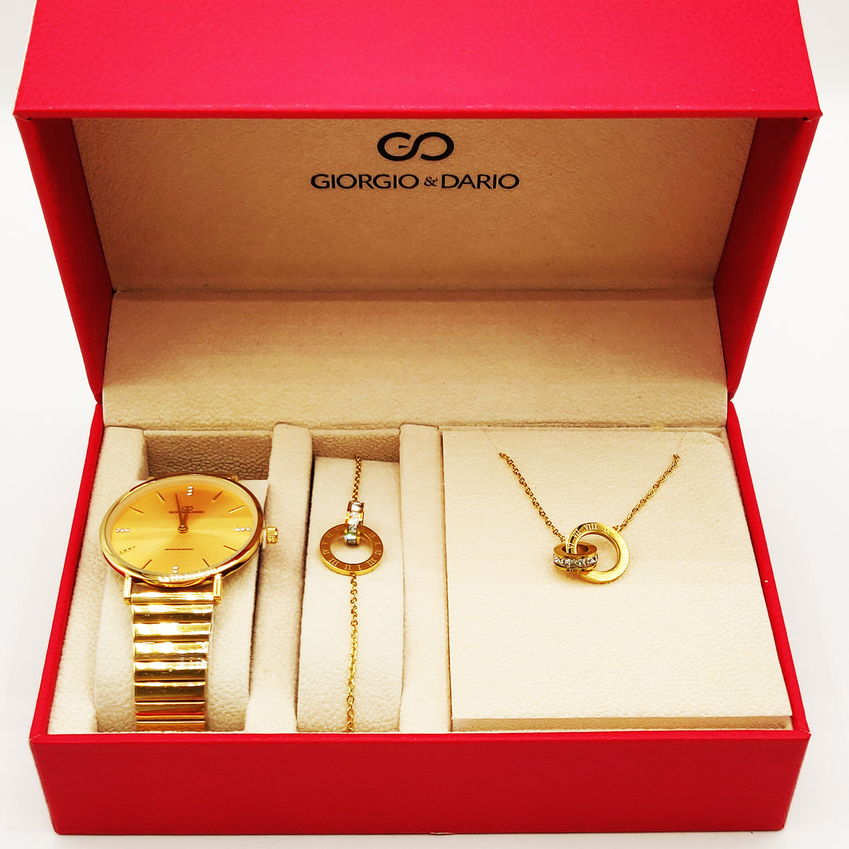 Coffret Montre Giorgio & Dario EU6020 Fond Doré avec Collier et Bracelet Romain Cercle