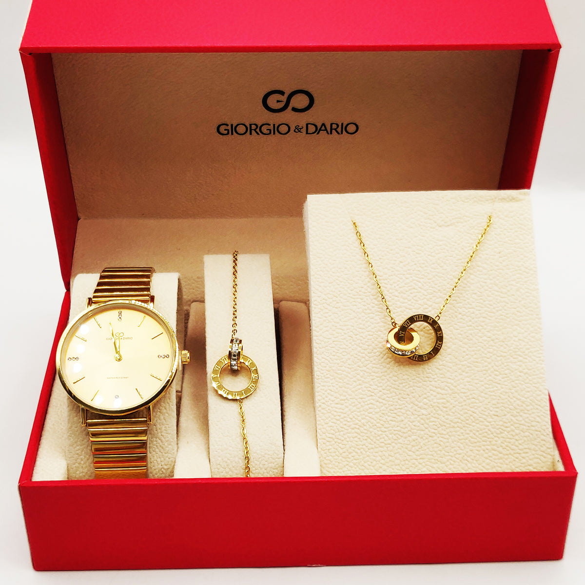 Coffret Montre Giorgio & Dario EU6020 Fond Doré avec Collier et Bracelet Romain Cercle