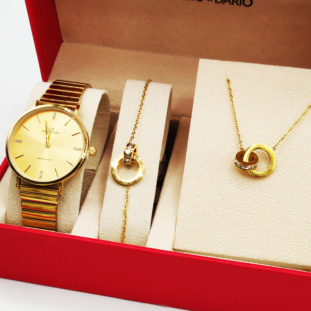Coffret Montre Giorgio & Dario EU6020 Fond Doré avec Collier et Bracelet Romain Cercle