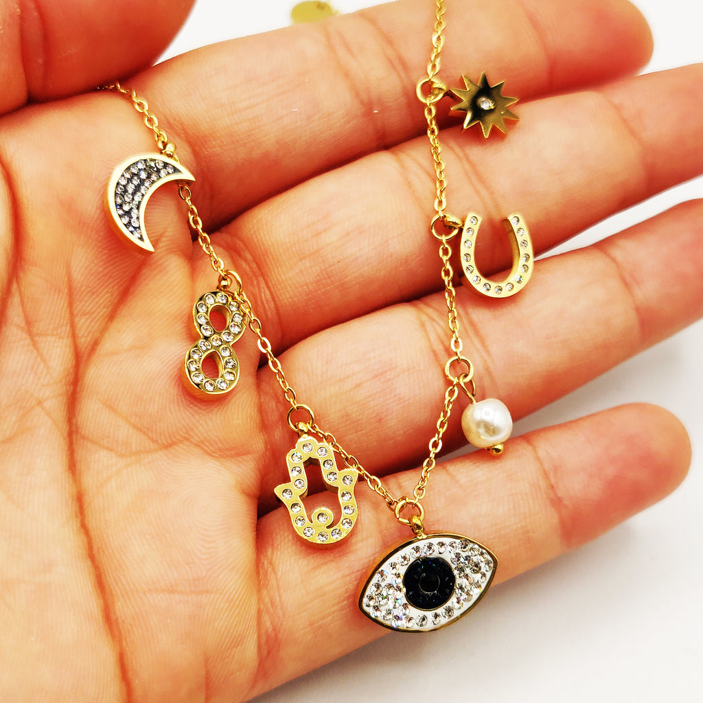 Collier Oeil Noir Multi Pendentifs Cristaux