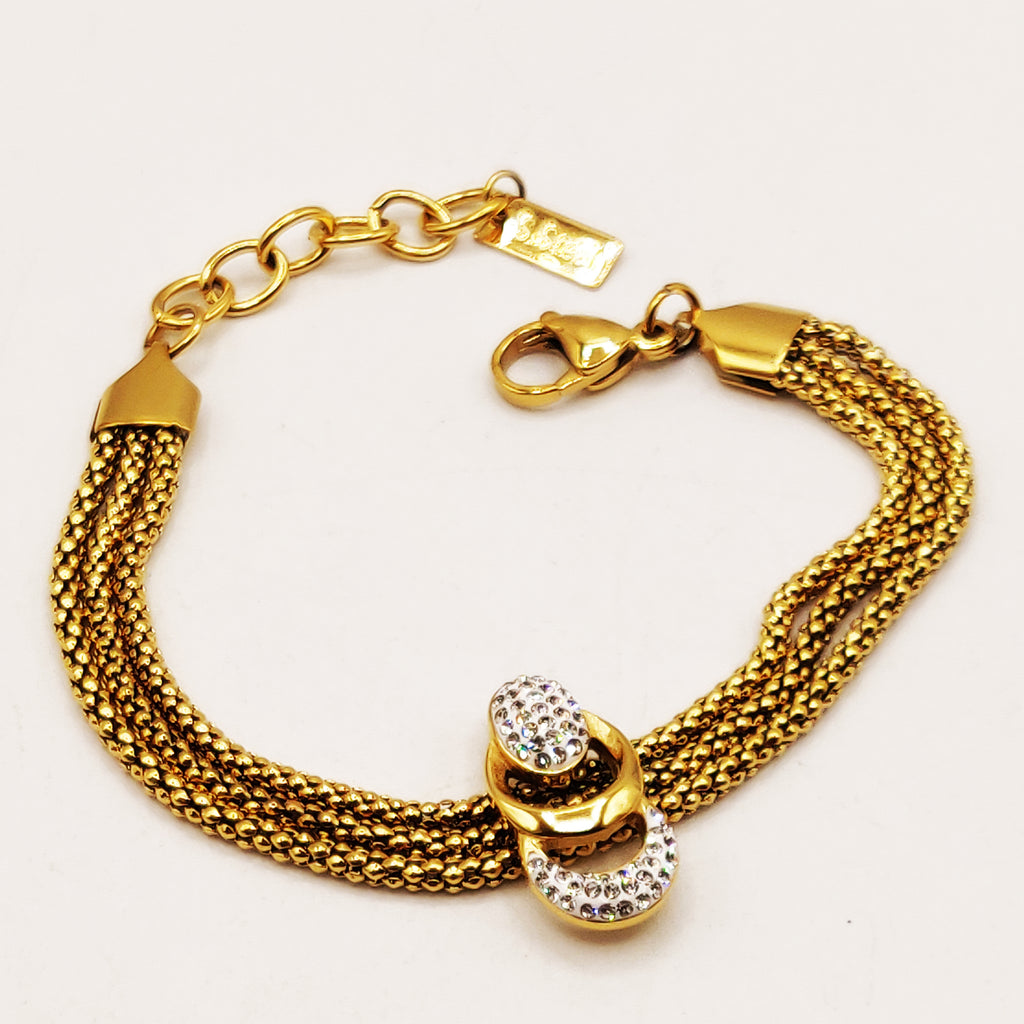 Bracelet Multi Chaînes Arrondies Pendentifs Ovales et Cristaux
