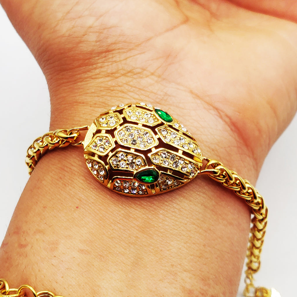 Bracelet Torsade Serpent Cristaux Yeux Verts Luxe