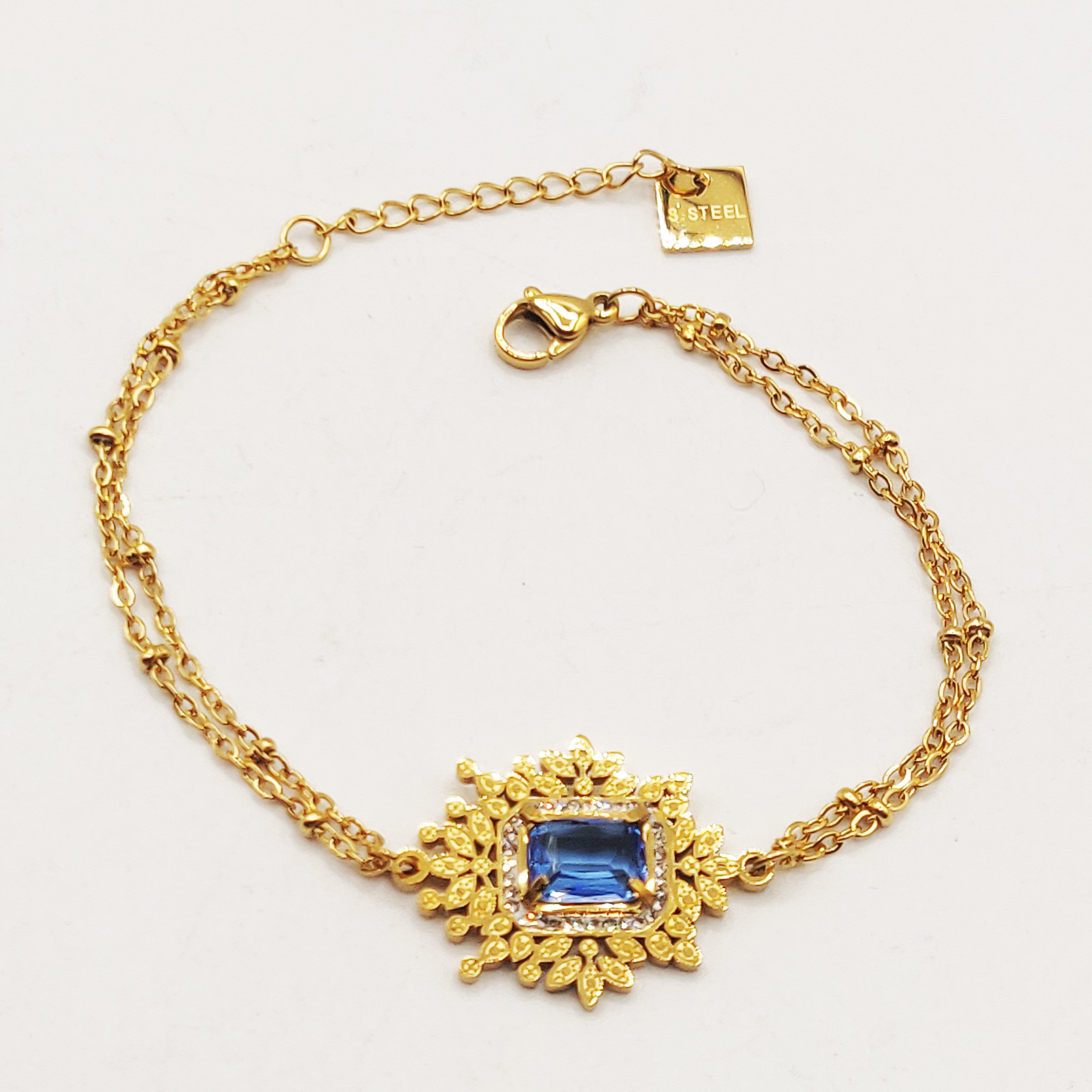 Bracelet Multi Chaînes Grand Cristal Bleu Luxe