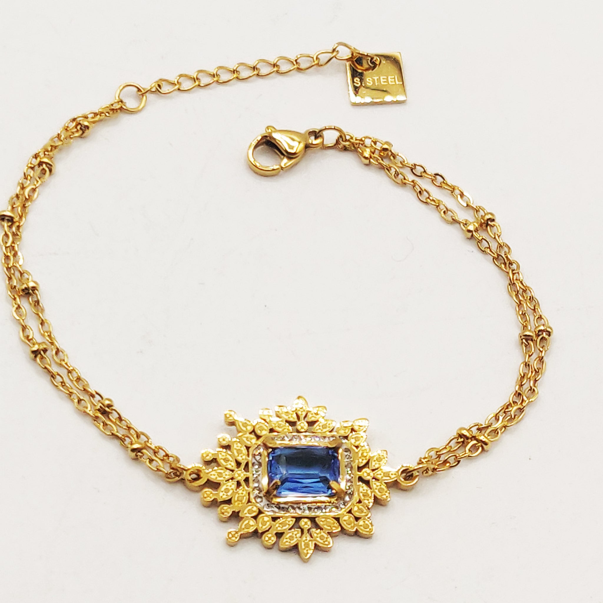 Bracelet Multi Chaînes Grand Cristal Bleu Luxe