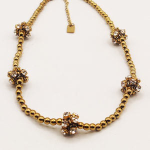 Collier Chaîne en Perles d'imitation Dorées Boules de Cristaux Luxe