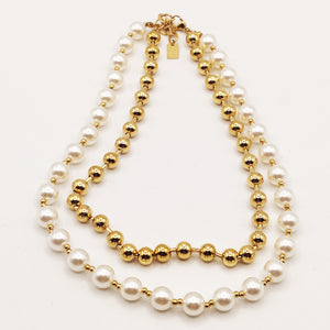 Collier Double Perles d'imitation Blanches et Dorées Luxe