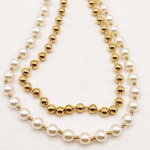 Collier Double Perles d'imitation Blanches et Dorées Luxe