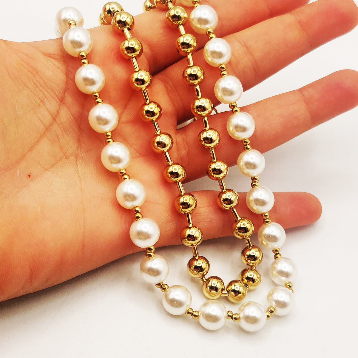 Collier à Double Chaîne Avec Pendentifs Perles - Style Statement En Métal Doré/Argenté - Longueur Réglable - Neuf