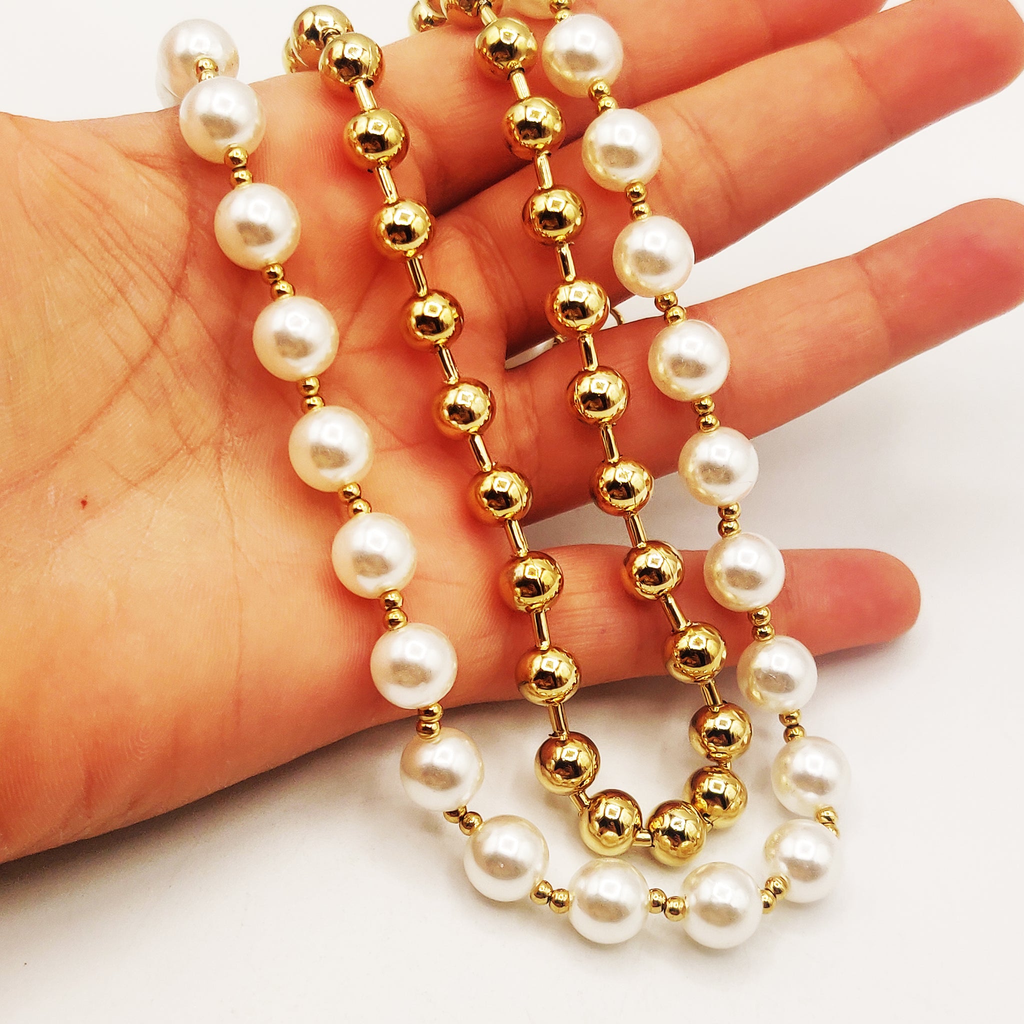 Collier Double Perles d'imitation Blanches et Dorées Luxe