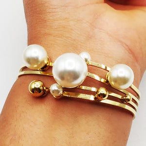 Bracelet Rigide Perles d'imitation Blanches et Dorées Luxe