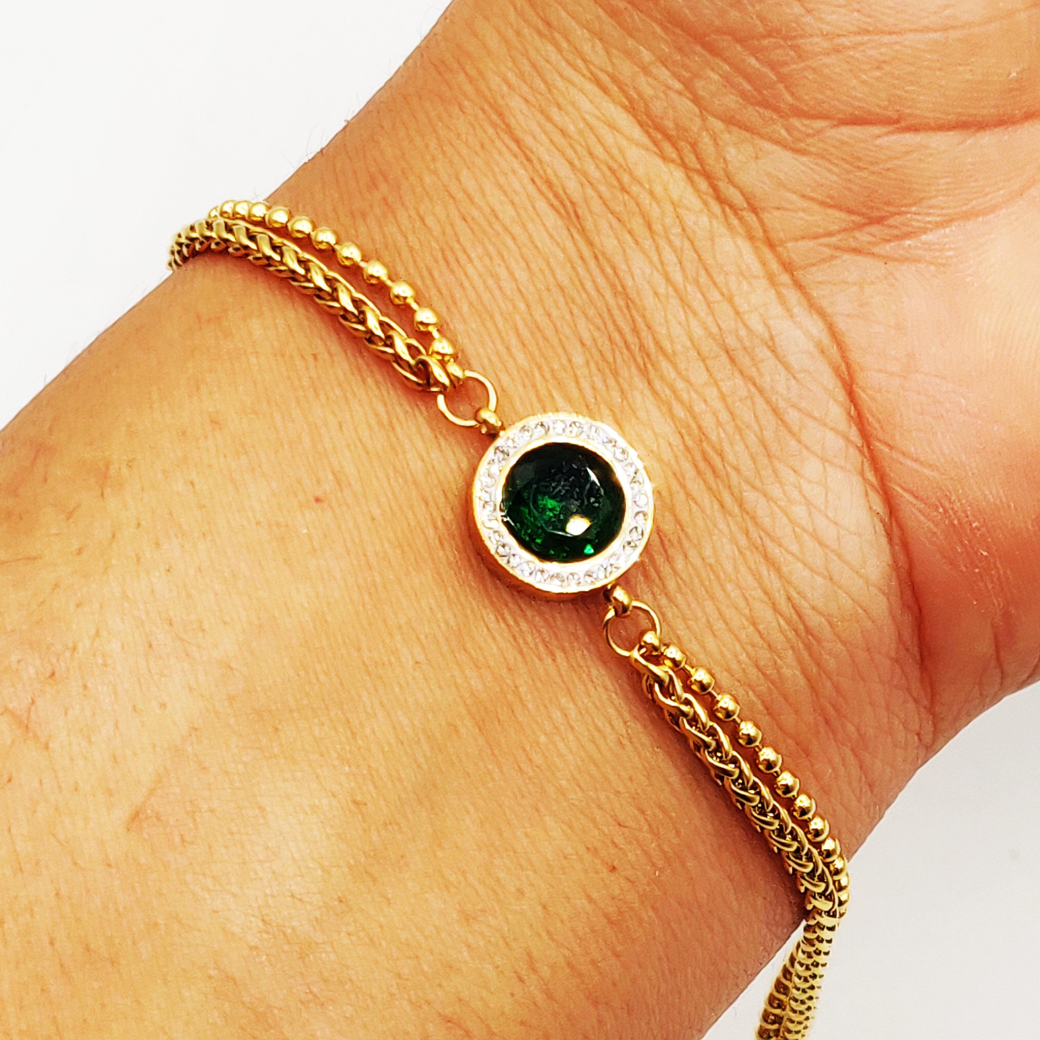 Bracelet Pierre Verte Ronde Pendentifs Multi Torsades Luxe