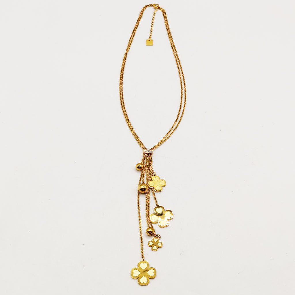 Collier Doubles Pendentifs Trèfles Coeurs et Perles d'imitation Dorées