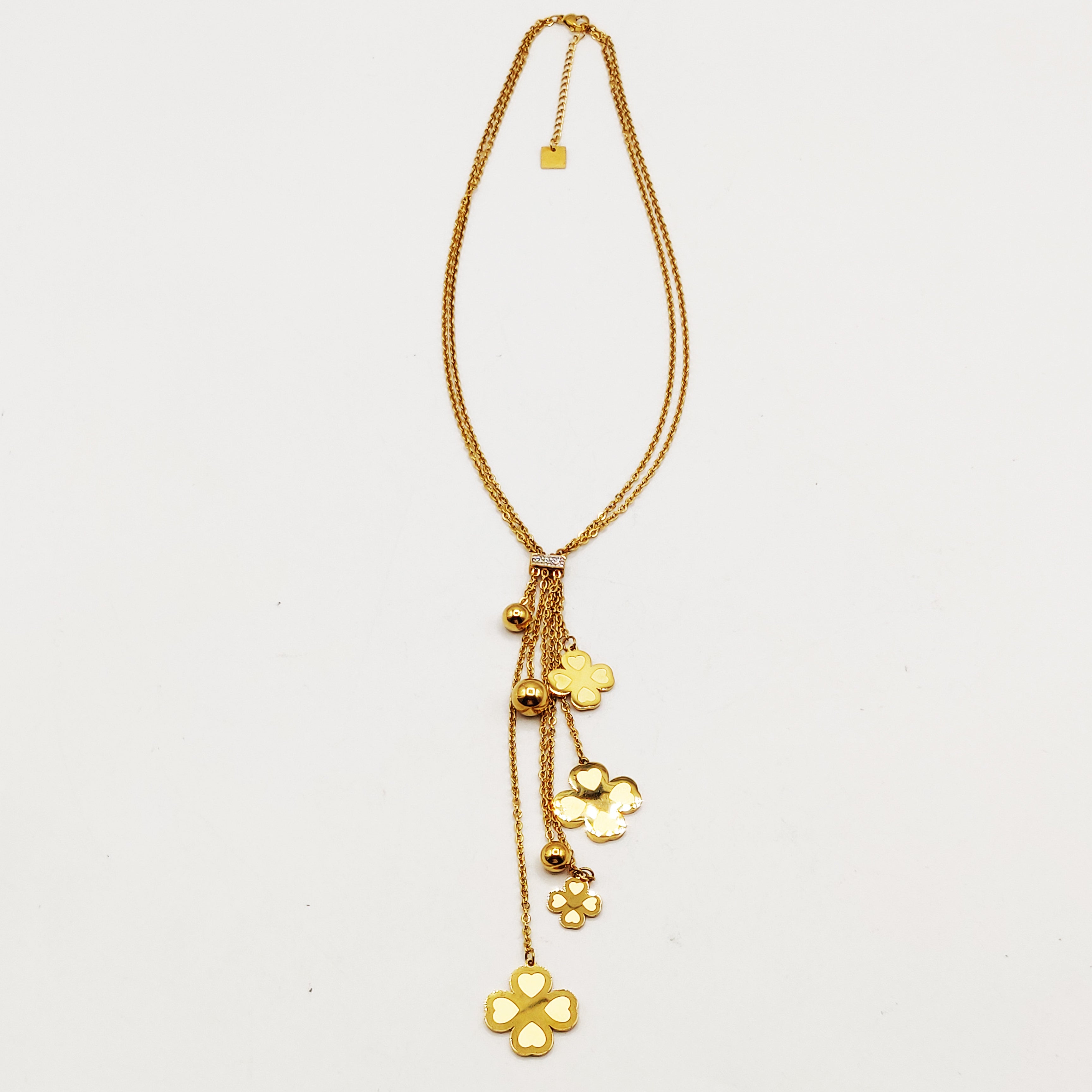 Collier Doubles Pendentifs Trèfles Coeurs et Perles d'imitation Dorées