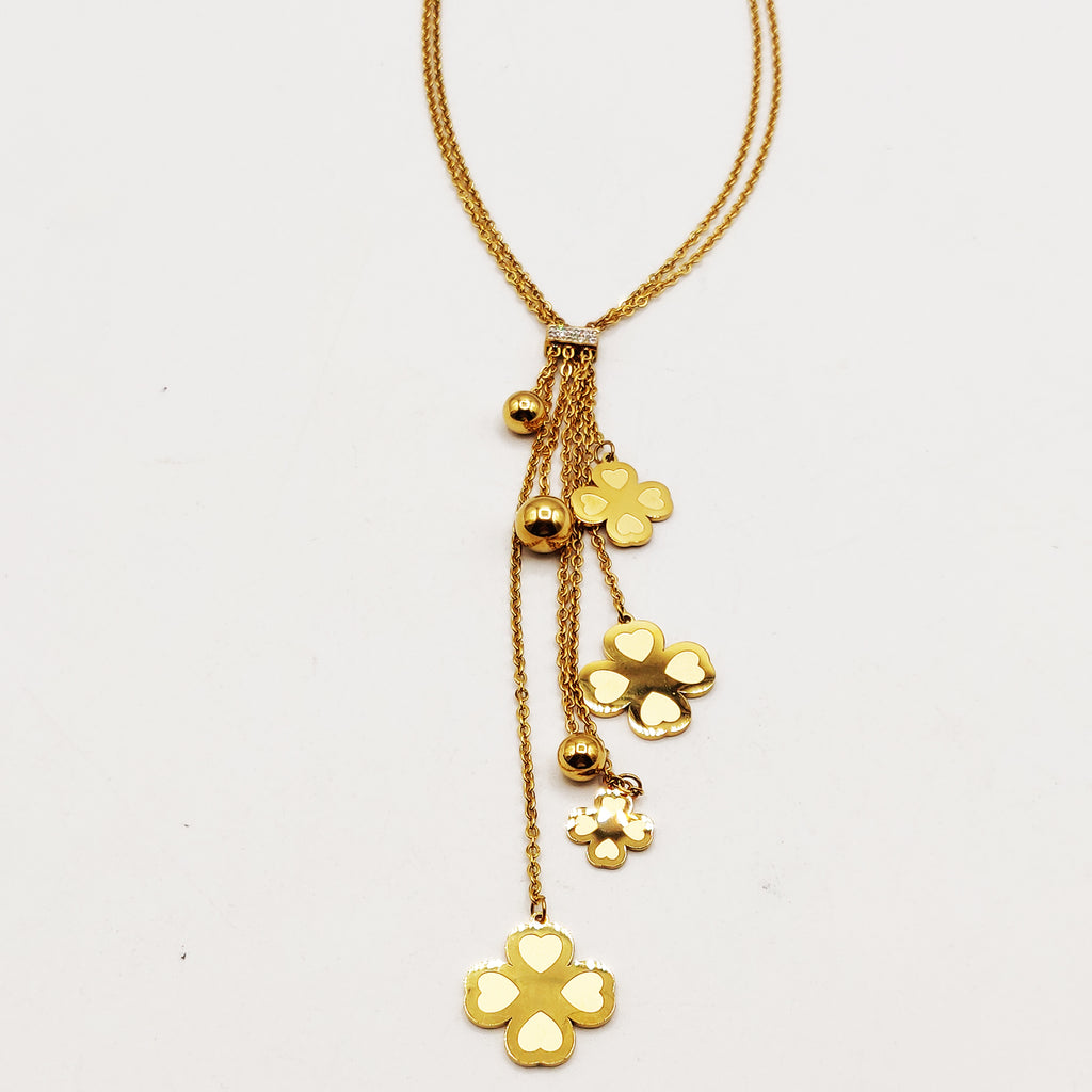Collier Doubles Pendentifs Trèfles Coeurs et Perles d'imitation Dorées