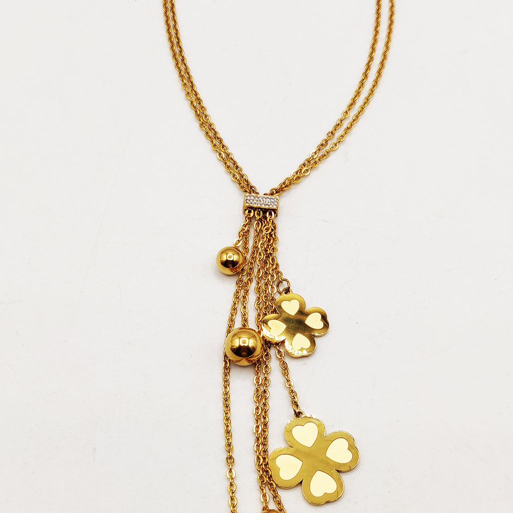 Collier Doubles Pendentifs Trèfles Coeurs et Perles d'imitation Dorées