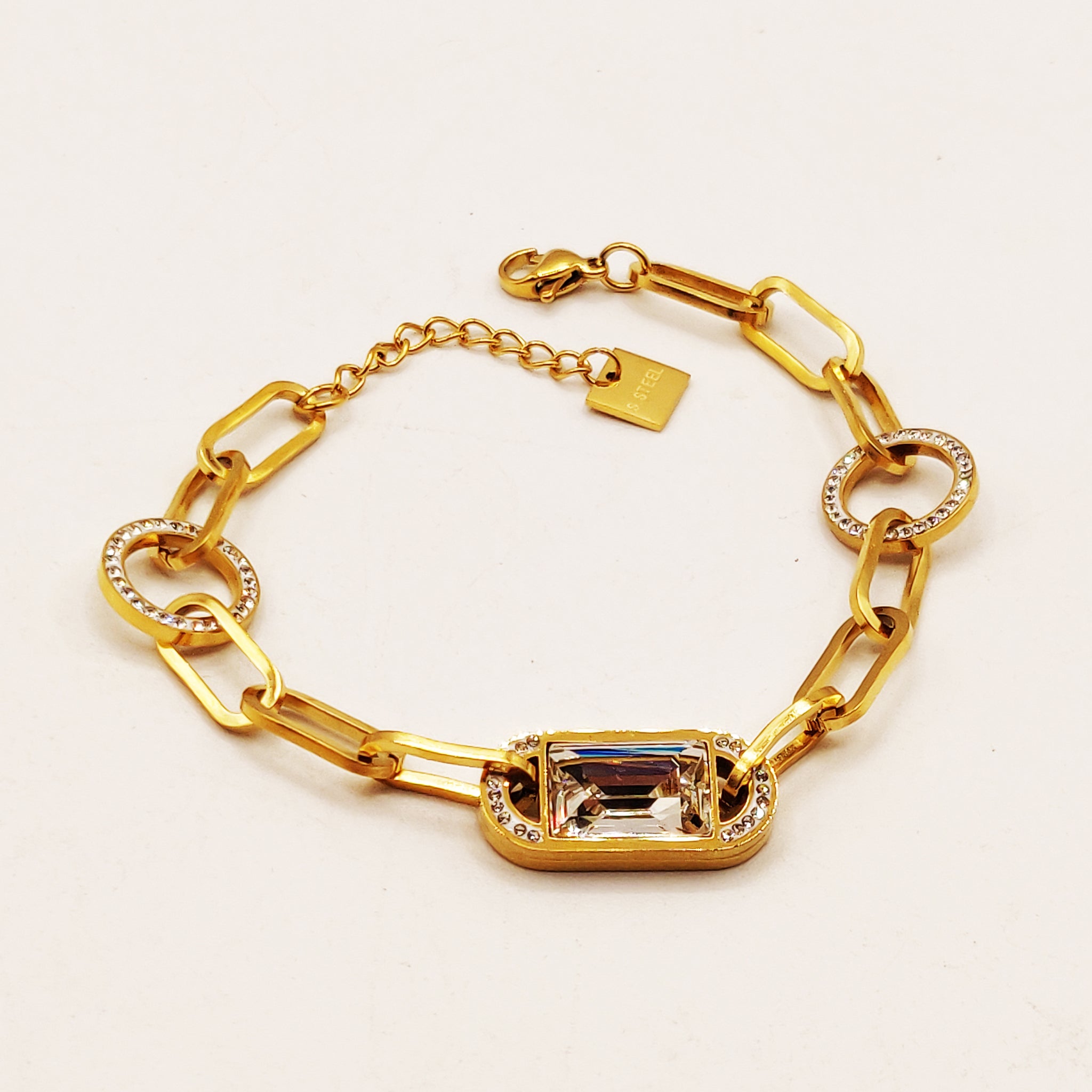 Bracelet Chaîne Cercles Cristaux et Grand Cristal Rectangle Luxe