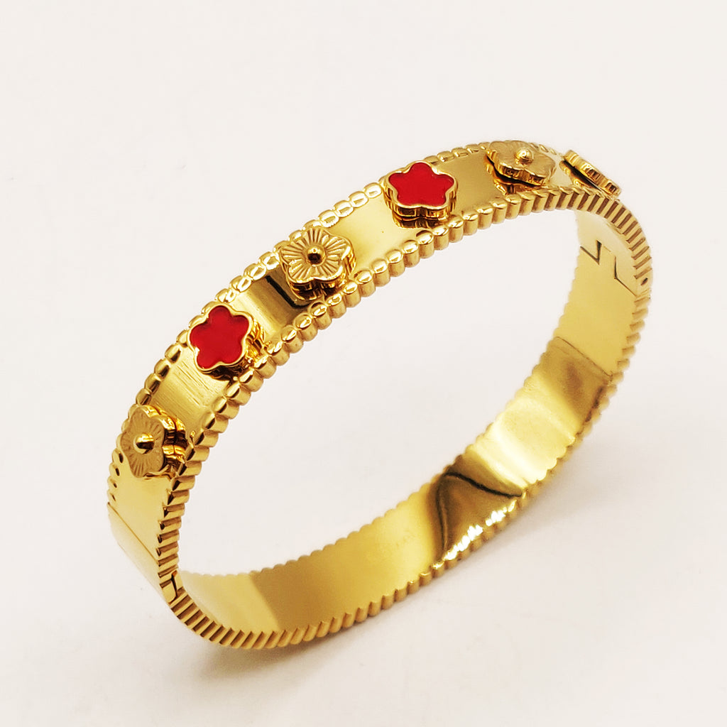 Bracelet Rigide Marguerites Rouges et Dorées Luxe
