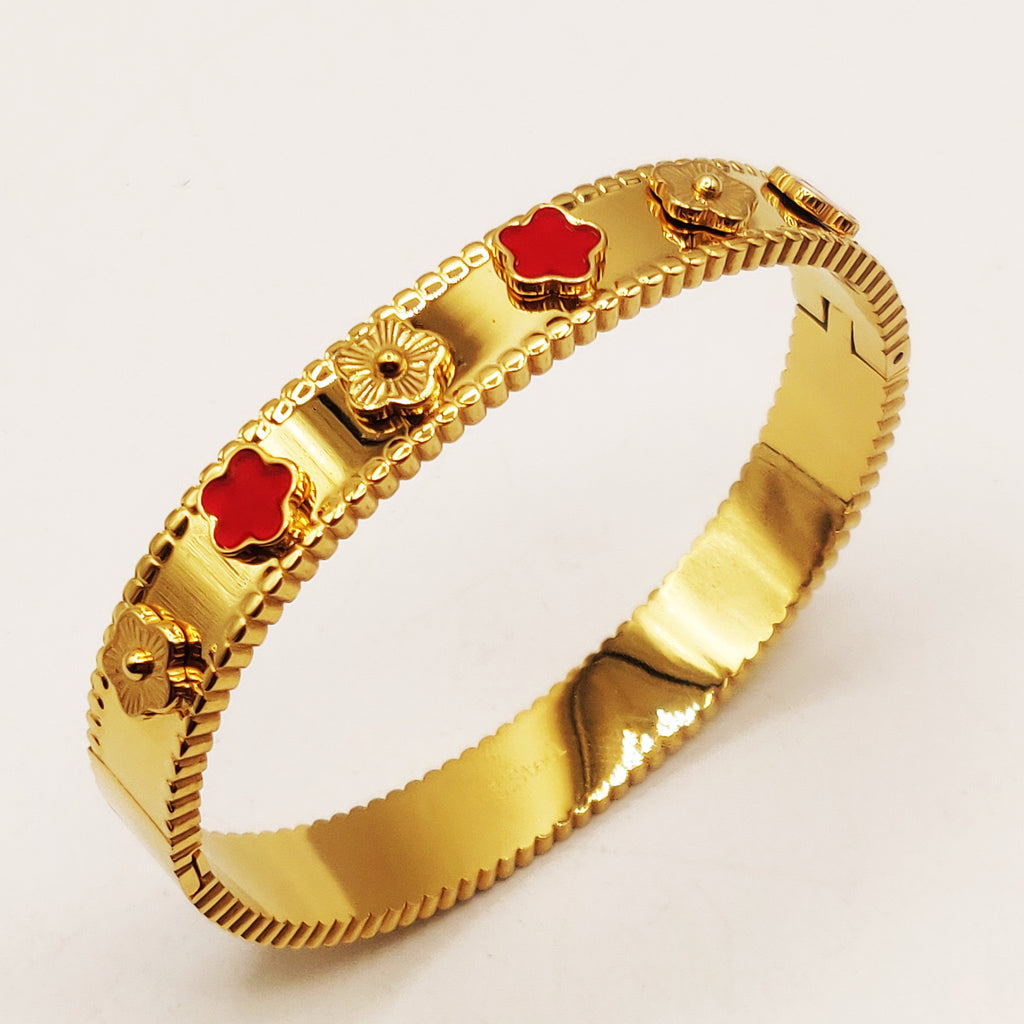 Bracelet Rigide Marguerites Rouges et Dorées Luxe