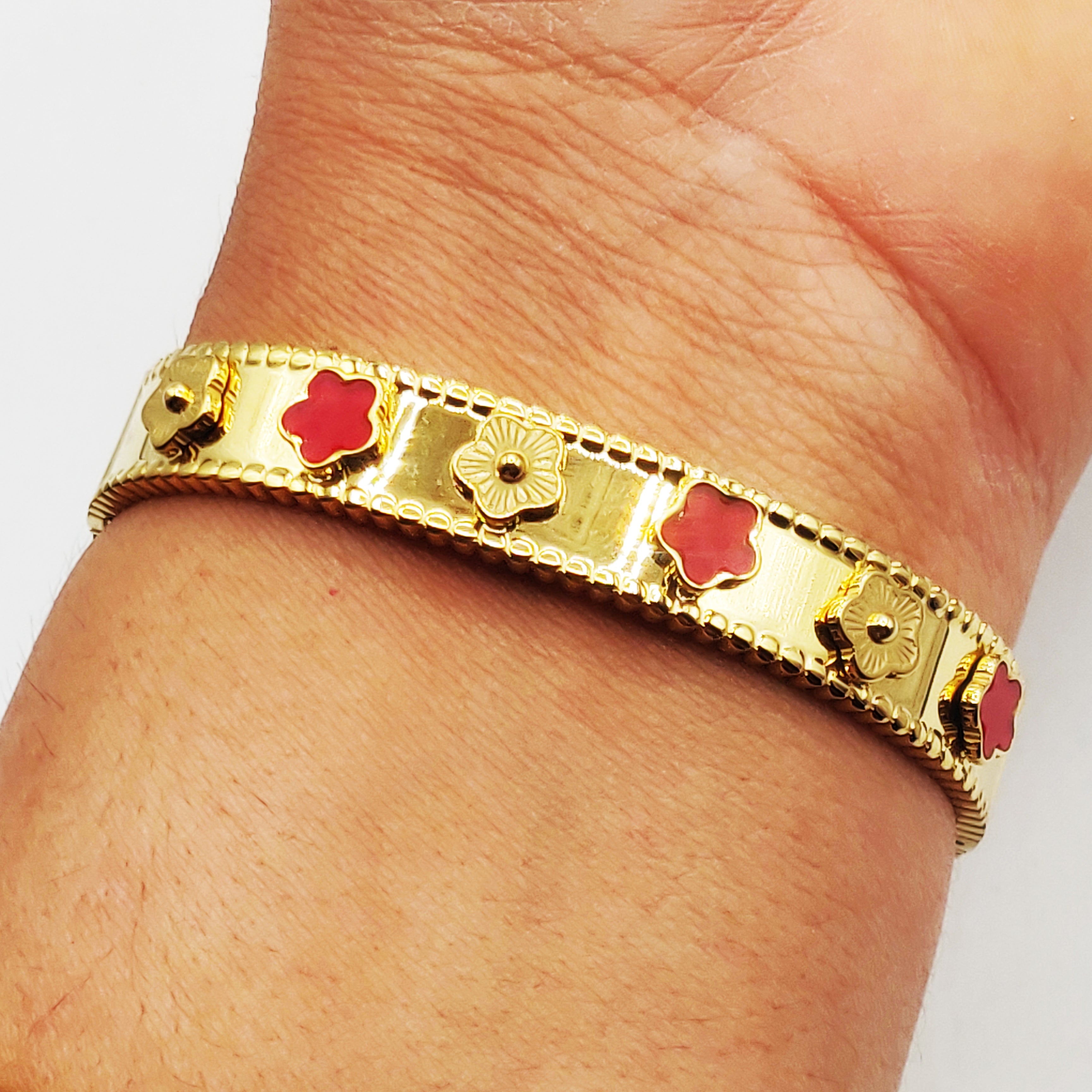 Bracelet Rigide Marguerites Rouges et Dorées Luxe