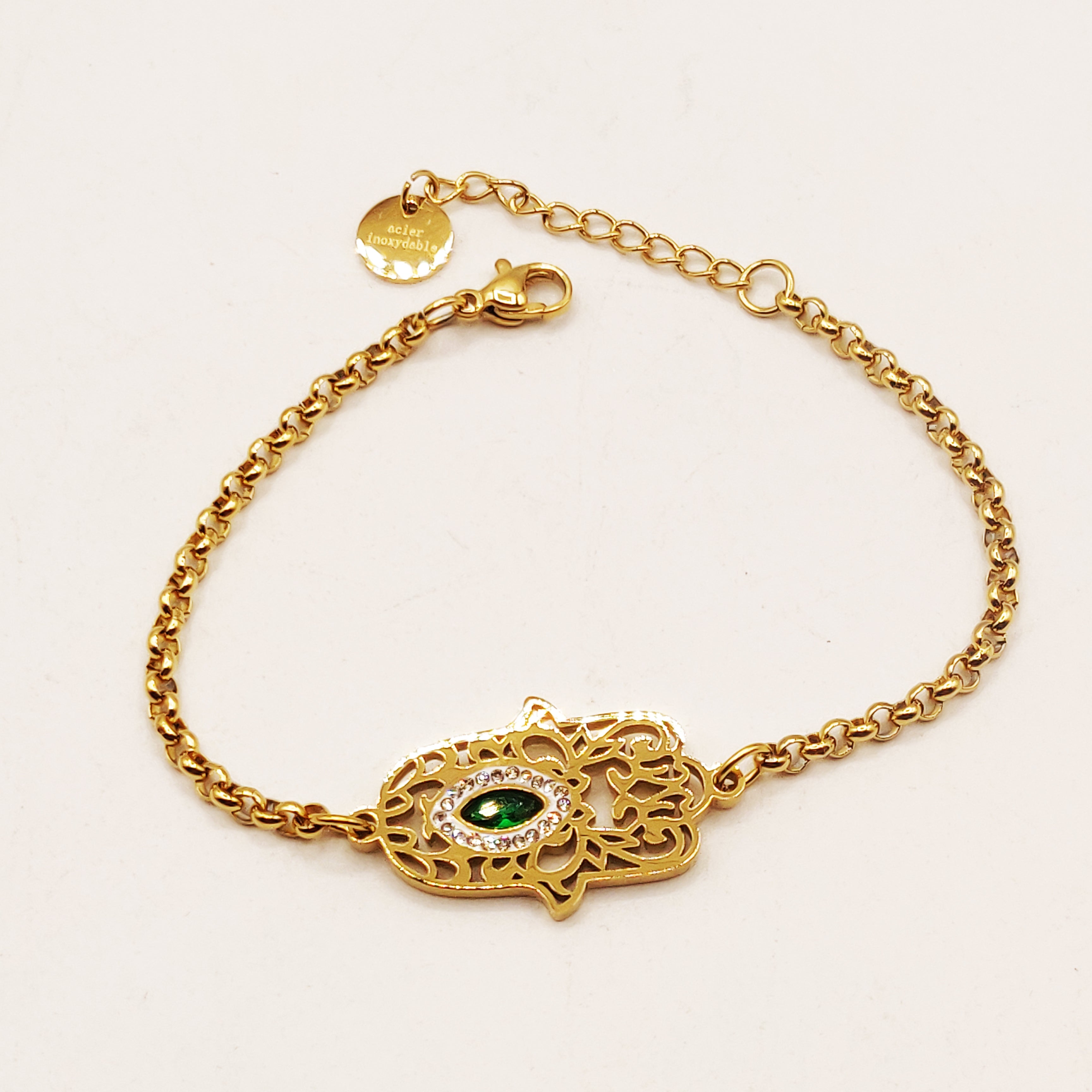 Bracelet Maillons Main de Fatma Pendentifs Cristaux Verts Luxe