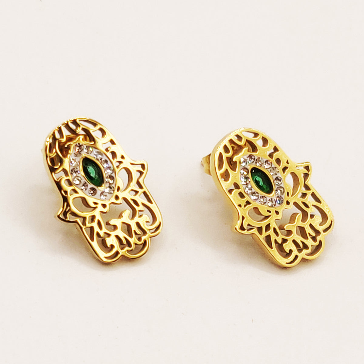 Boucles d'oreilles Main de Fatma Pendentifs Cristaux Verts Luxe