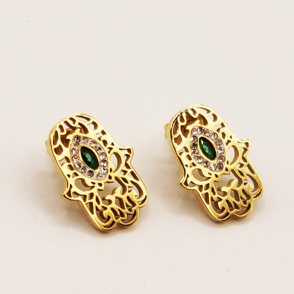 Boucles d'oreilles Main de Fatma Pendentifs Cristaux Verts Luxe