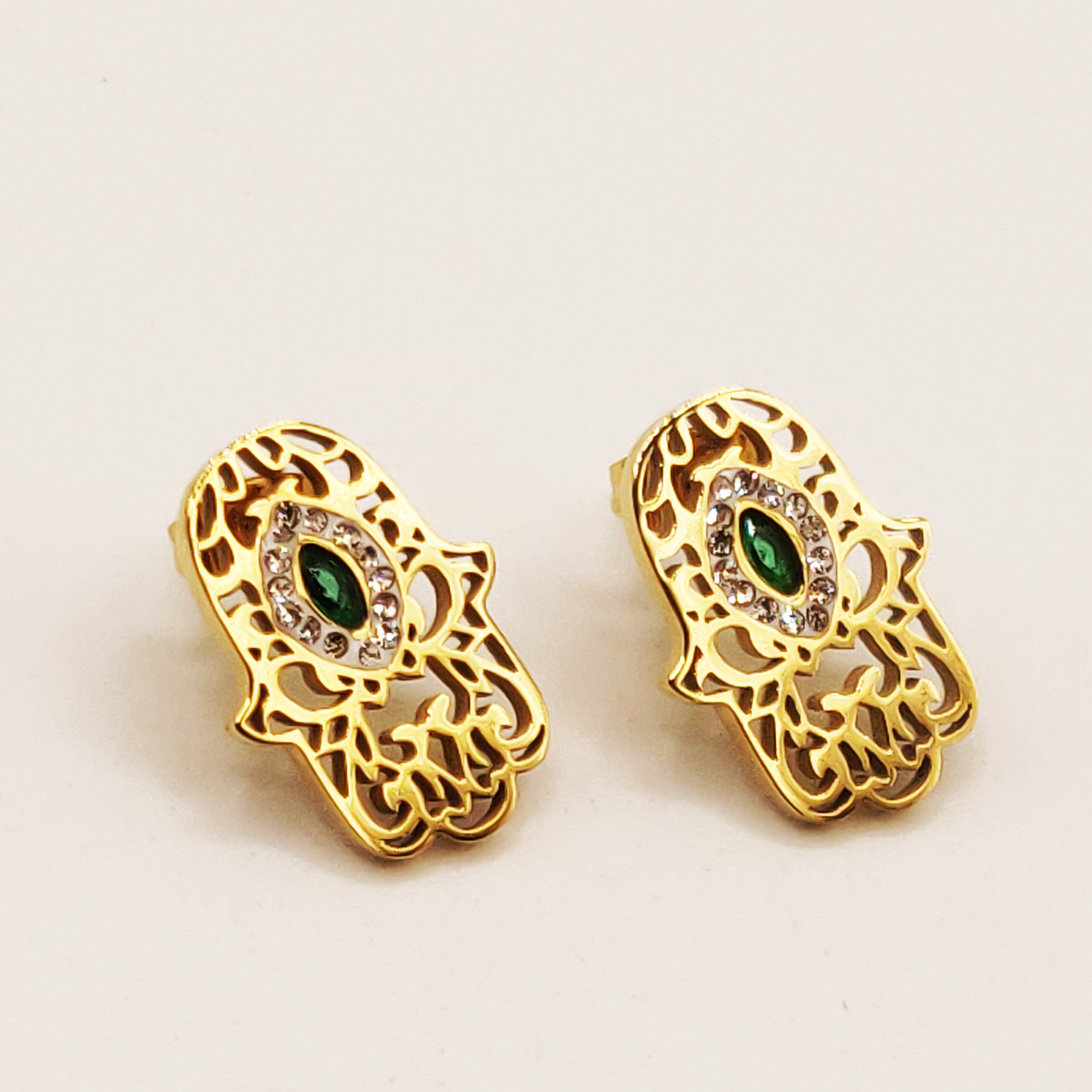 Boucles d'oreilles Main de Fatma Pendentifs Cristaux Verts Luxe