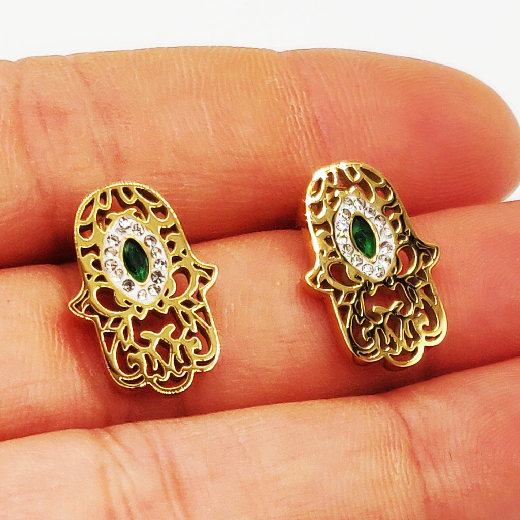 Boucles d'oreilles Main de Fatma Pendentifs Cristaux Verts Luxe
