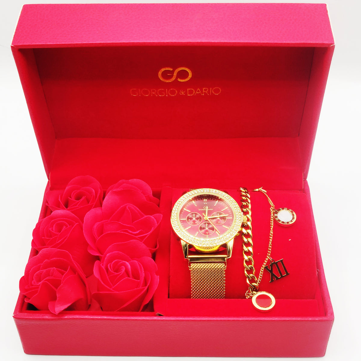 Coffret Cadeau Montre Giorgio & Dario EU5944 Fond Rouge avec Bracelet Double Romain et Roses Rouges