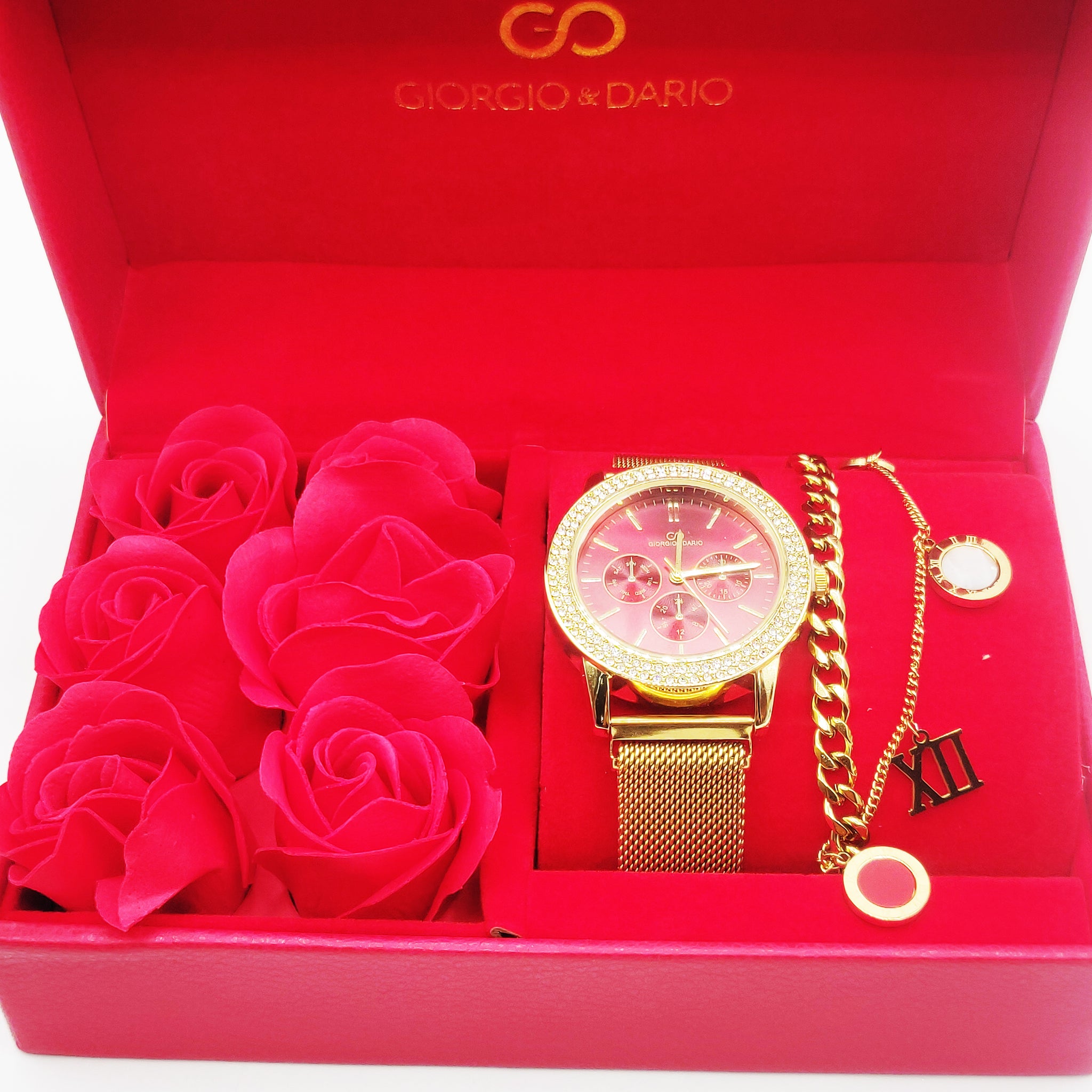 Coffret Cadeau Montre Giorgio & Dario EU5944 Fond Rouge avec Bracelet Double Romain et Roses Rouges