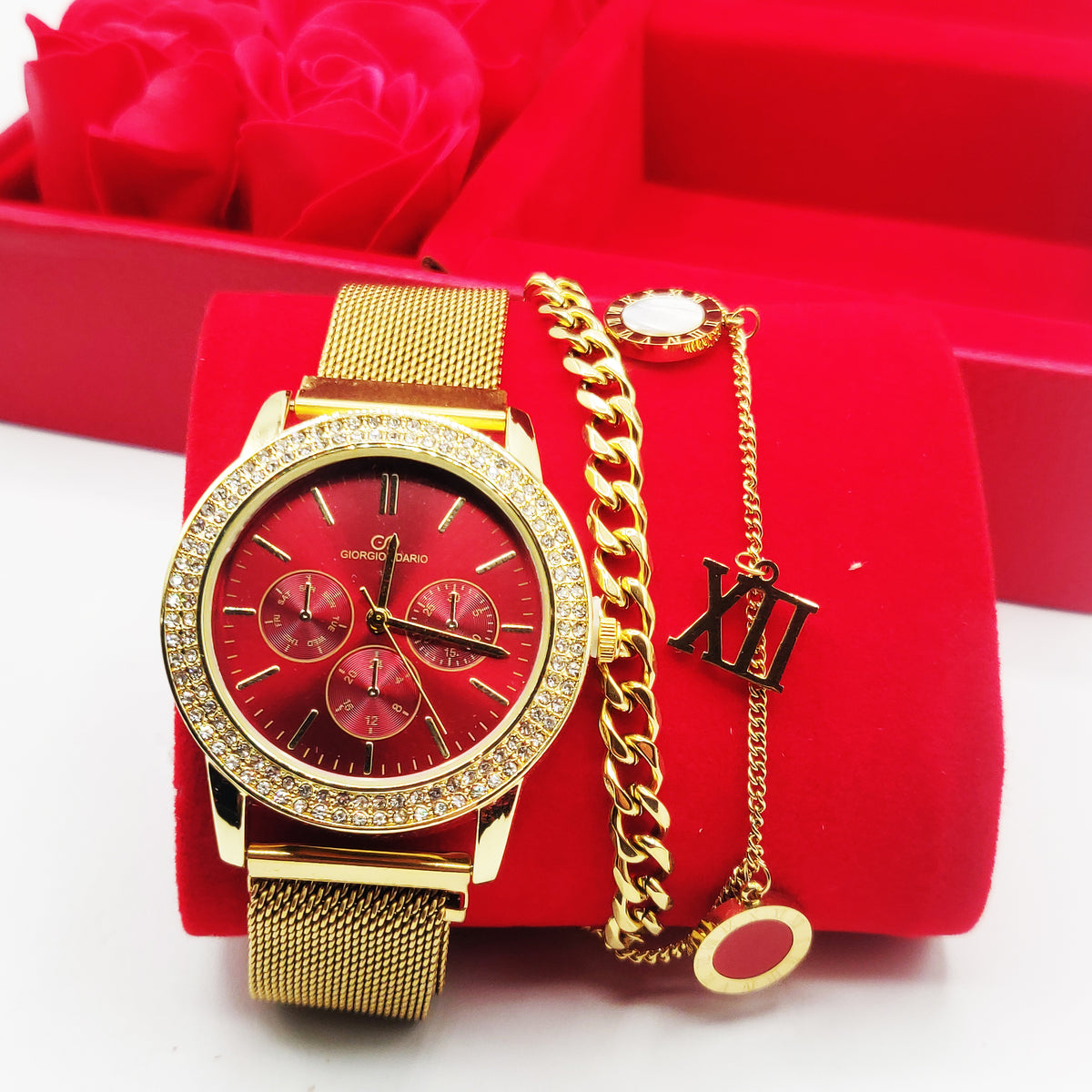 Coffret Cadeau Montre Giorgio & Dario EU5944 Fond Rouge avec Bracelet Double Romain et Roses Rouges