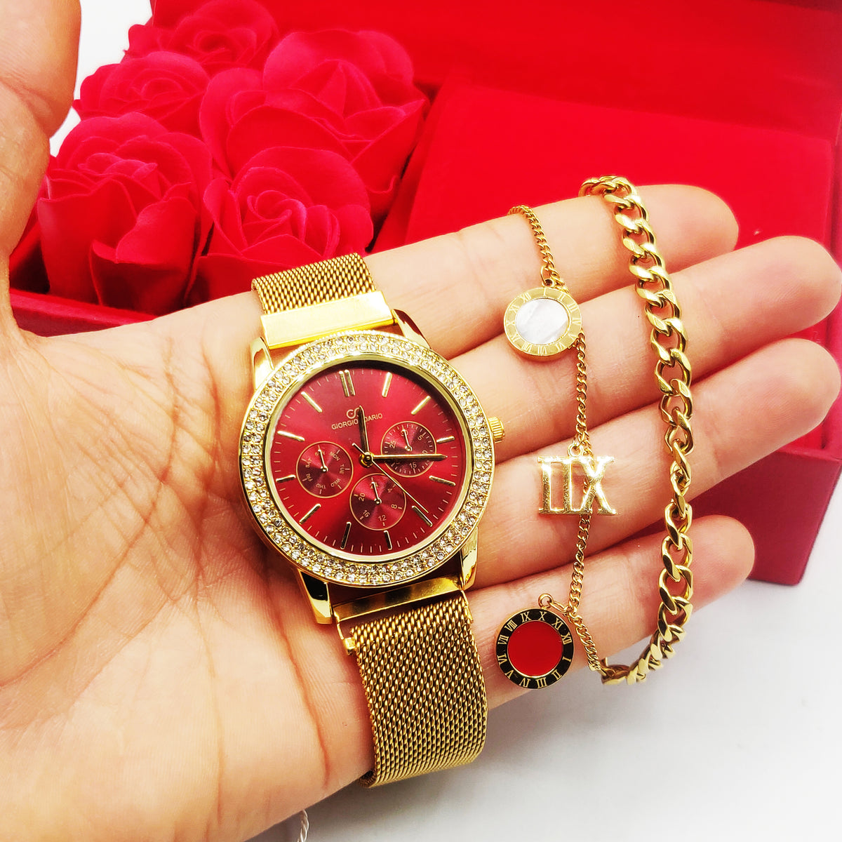 Coffret Cadeau Montre Giorgio & Dario EU5944 Fond Rouge avec Bracelet Double Romain et Roses Rouges