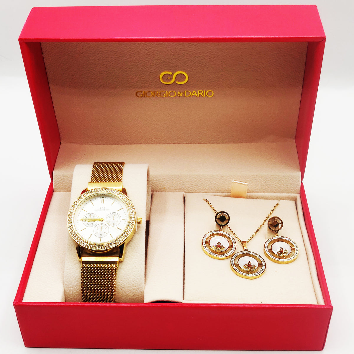 Coffret Montre Giorgio & Dario EU5944 Fond Blanc avec Collier et Boucles d'oreilles Cercles Blancs Nacrés