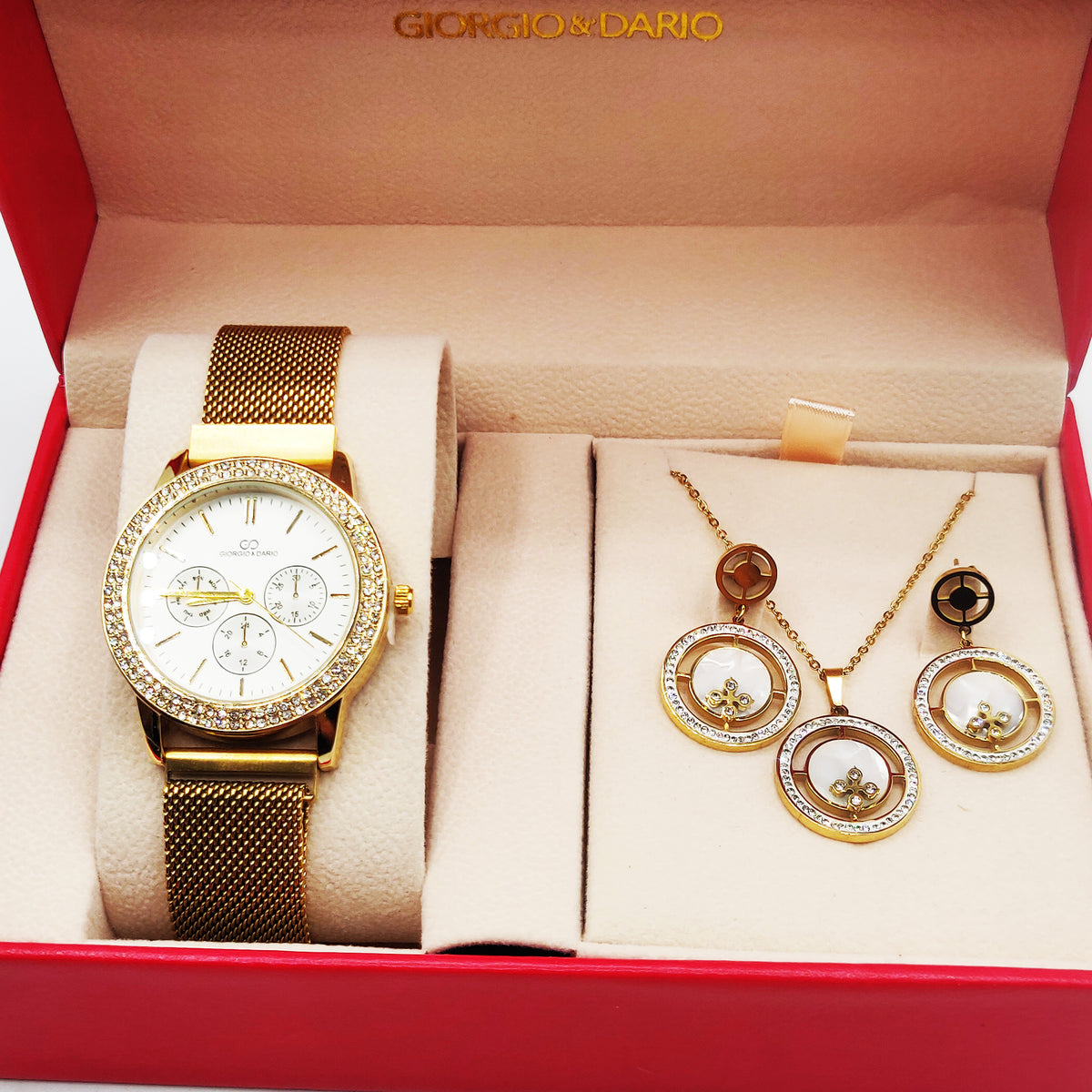 Coffret Montre Giorgio & Dario EU5944 Fond Blanc avec Collier et Boucles d'oreilles Cercles Blancs Nacrés