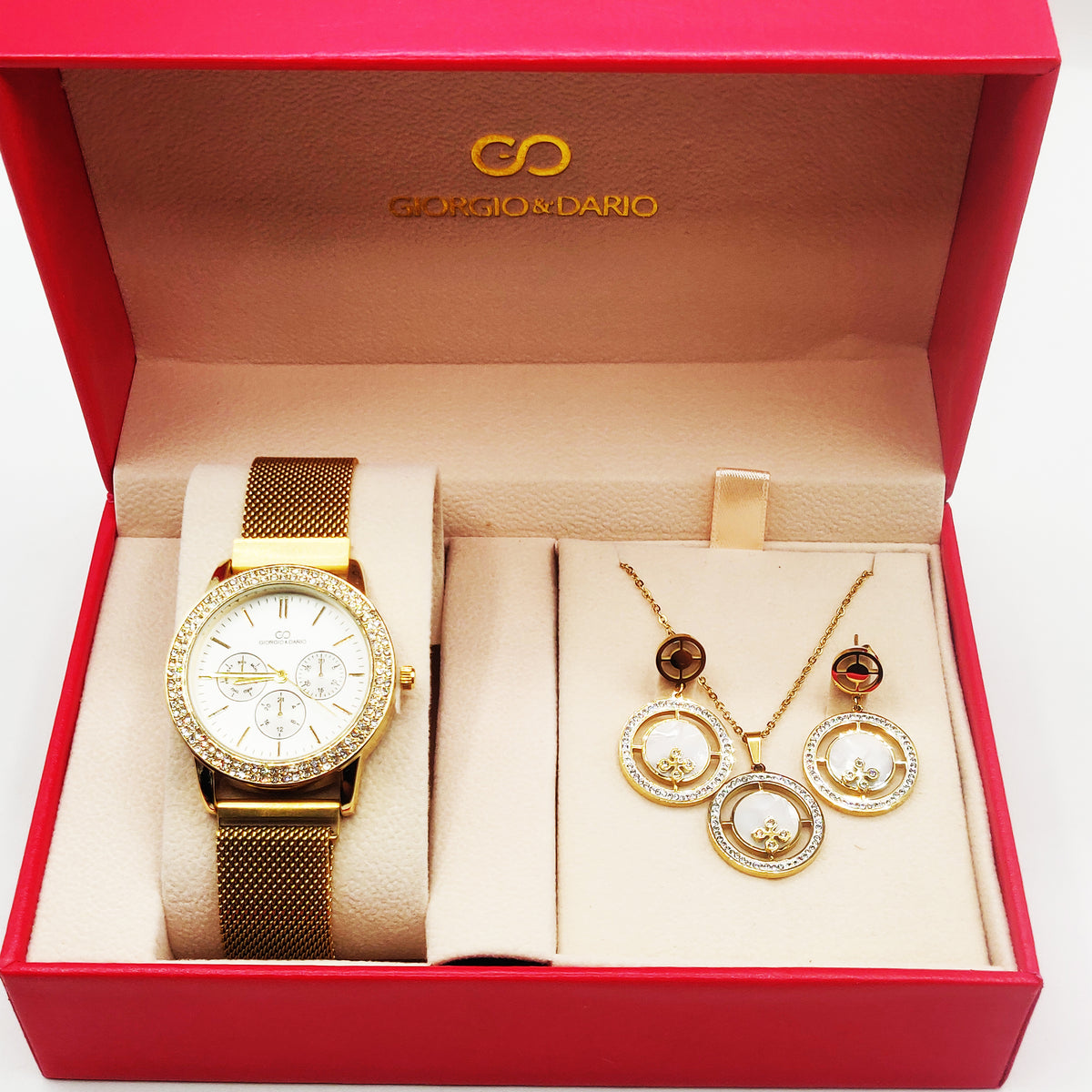Coffret Montre Giorgio & Dario EU5944 Fond Blanc avec Collier et Boucles d'oreilles Cercles Blancs Nacrés