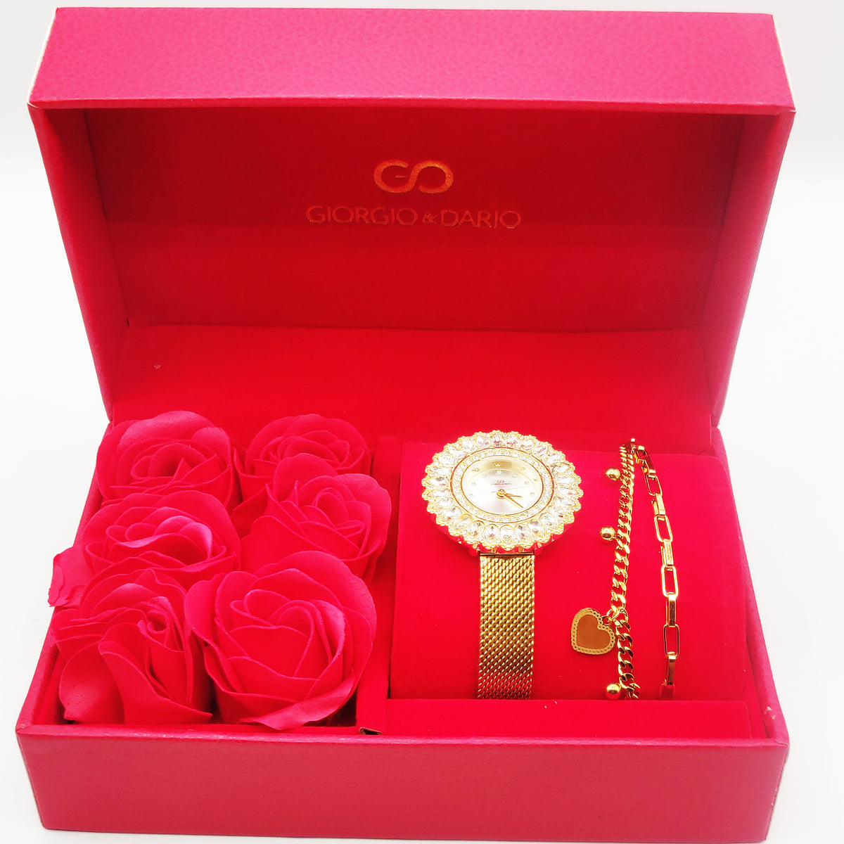 Coffret Cadeau Montre Giorgio & Dario EU6489 Fond Blanc avec Bracelet Double Coeurs et Roses Rouges