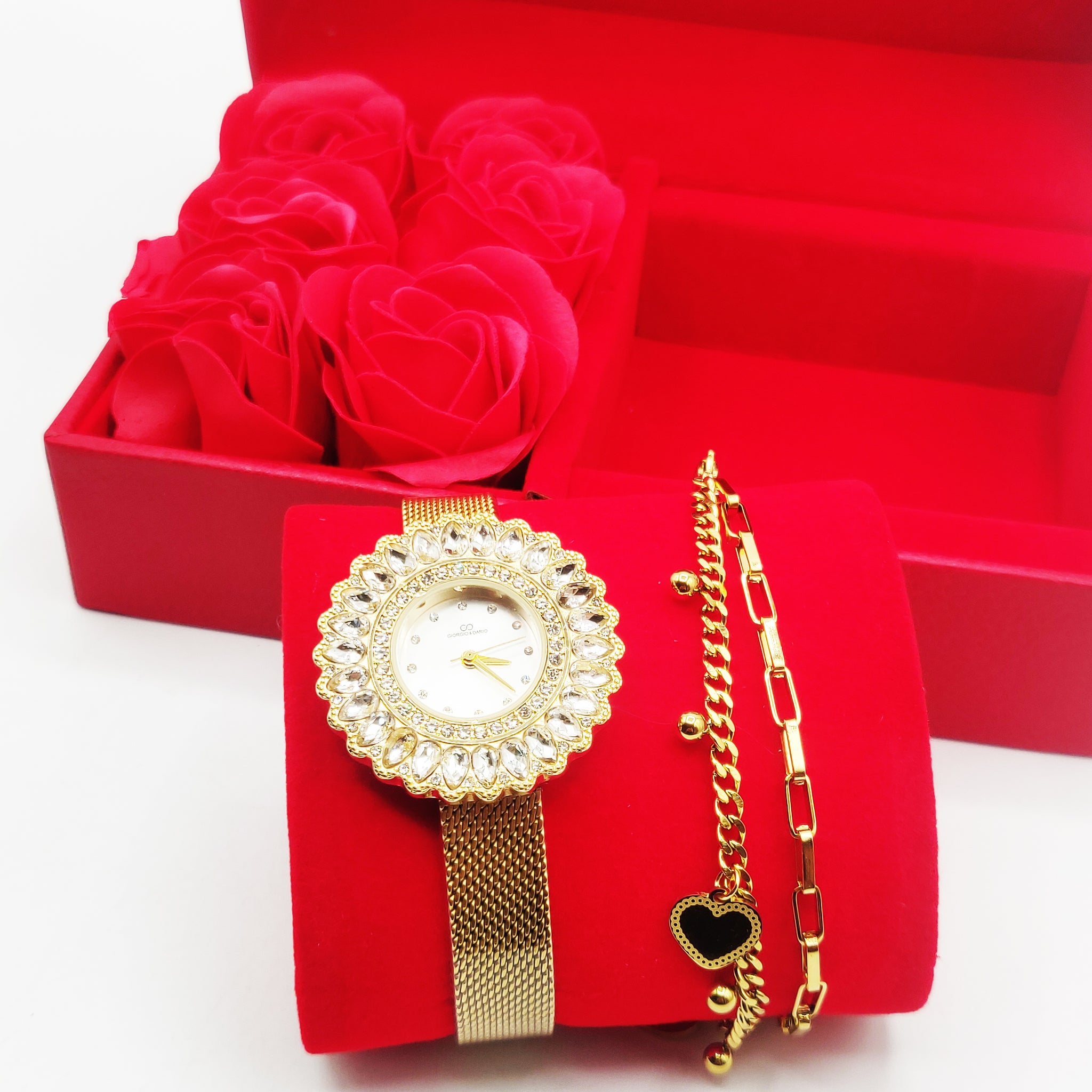 Coffret Cadeau Montre Giorgio & Dario EU6489 Fond Blanc avec Bracelet Double Coeurs et Roses Rouges