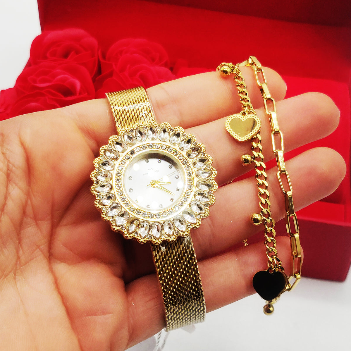 Coffret Cadeau Montre Giorgio & Dario EU6489 Fond Blanc avec Bracelet Double Coeurs et Roses Rouges