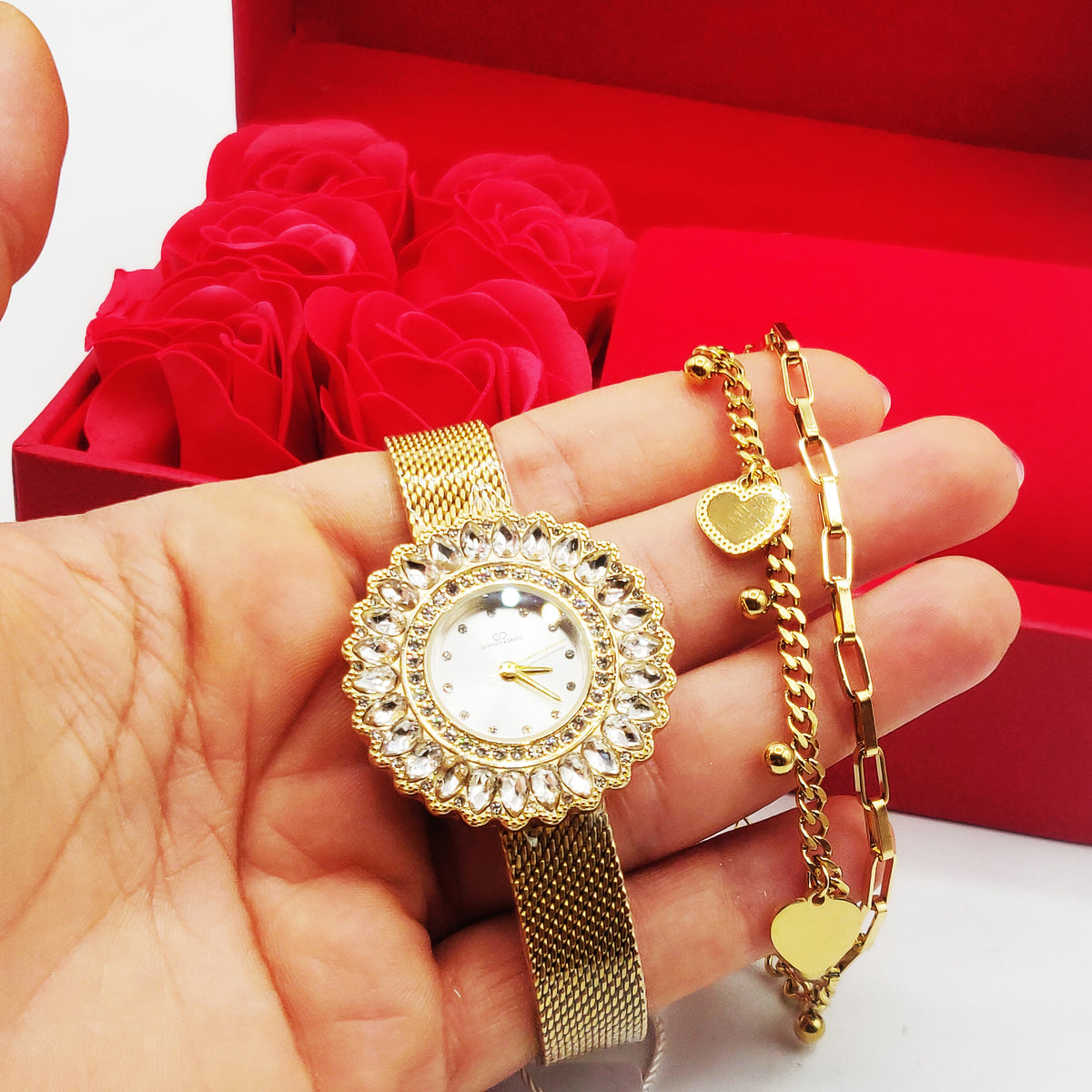 Coffret Cadeau Montre Giorgio & Dario EU6489 Fond Blanc avec Bracelet Double Coeurs et Roses Rouges