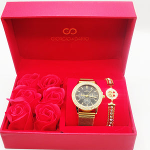 Coffret Cadeau Montre Giorgio & Dario EU5944 Fond Noir avec Bracelet Eden Cristaux Luxe et Roses Rouges