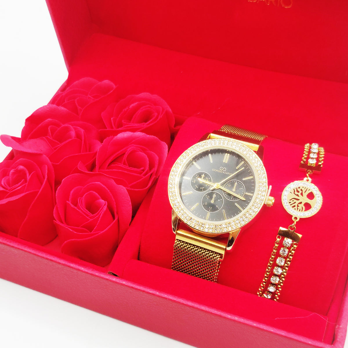 Coffret Cadeau Montre Giorgio & Dario EU5944 Fond Noir avec Bracelet Eden Cristaux Luxe et Roses Rouges