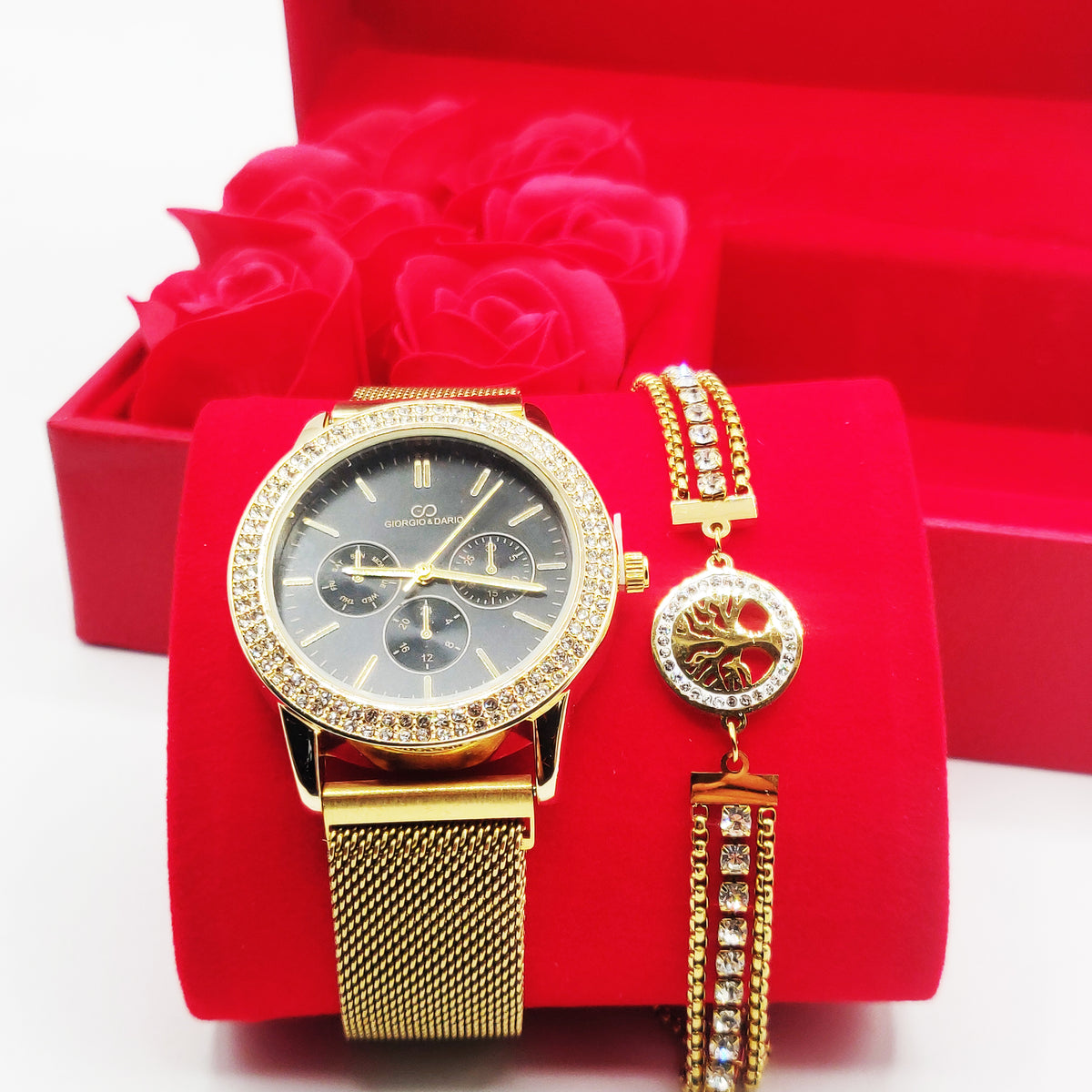 Coffret Cadeau Montre Giorgio & Dario EU5944 Fond Noir avec Bracelet Eden Cristaux Luxe et Roses Rouges