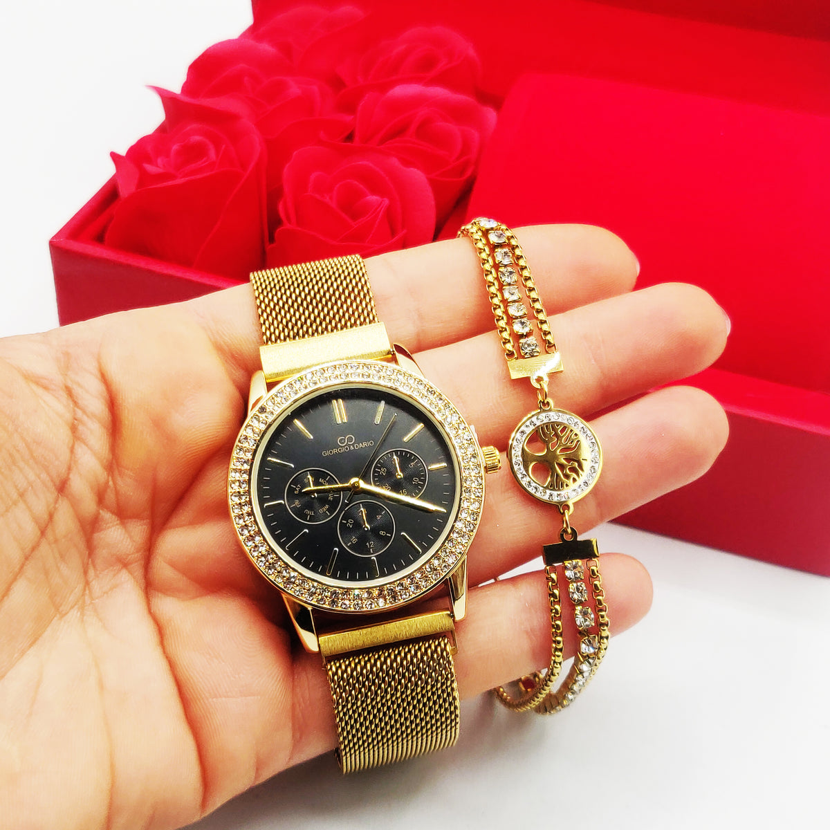 Coffret Cadeau Montre Giorgio & Dario EU5944 Fond Noir avec Bracelet Eden Cristaux Luxe et Roses Rouges